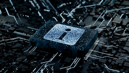 Information Technology Concept with info symbol on a Microchip. Data flows from the CPU across a Futuristic Motherboard. 3D render.