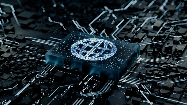 Internet Technology Concept with web symbol on a Microchip. Data flows from the CPU across a Futuristic Motherboard. 3D render.