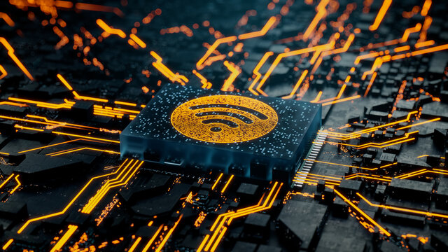 Wireless Technology Concept with wifi symbol on a Microchip. Data flows from the CPU across a Futuristic Motherboard. 3D render.