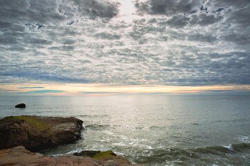 The Pacific Ocean coast in the city of Monterey in California. United States of America. Beautiful beach on a sunny day. Ocean landscape.