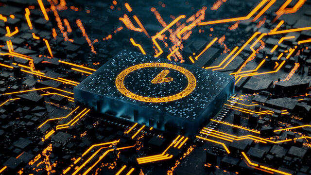 Time Technology Concept with clock symbol on a Microchip. Data flows from the CPU across a Futuristic Motherboard. 3D render.