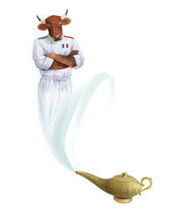 génie, vache, servir, magie, lampe d'aladin, bleu, restauration, maitre d'hôtel, barbe blanche, présentation, sympa, oriental, mille et une nuit, content, costume, cadeau, dessin animé, drôle, joyeux,