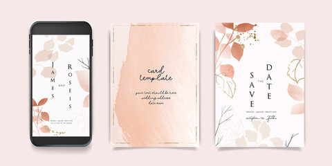 Luxury Pink Social Media, mobile  Wedding invite frame templates. Vector background. Minimal Invitation mobile Floral with golden collage layout design.