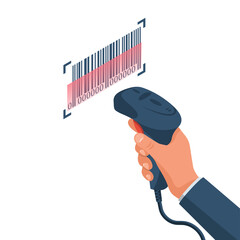 The operator holds a barcode scanner hand. Barcode isolated. Equipment for accounting of goods. Vector illustration isometric design. Isolated on white background.