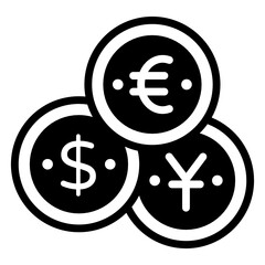
Euro, yuan and dollar coins denoting international currencies icon

