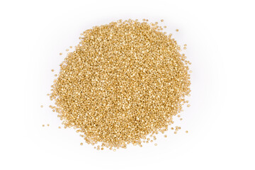 Pile of white quinoa seeds on a white background