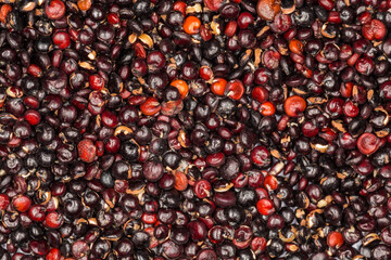 Background of red quinoa seeds, top view close-up