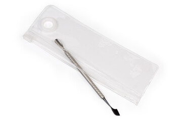 Cuticle pusher for nail care partly in soft plastic case