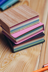 colorful notepads office wooden table paper work is education
