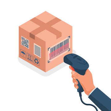 The Operator Holds A Barcode Scanner Hand. Scanning Barcode On A Cardboard Box. Equipment For Accounting Of Goods. Vector Illustration Isometric Design. Product Identification.