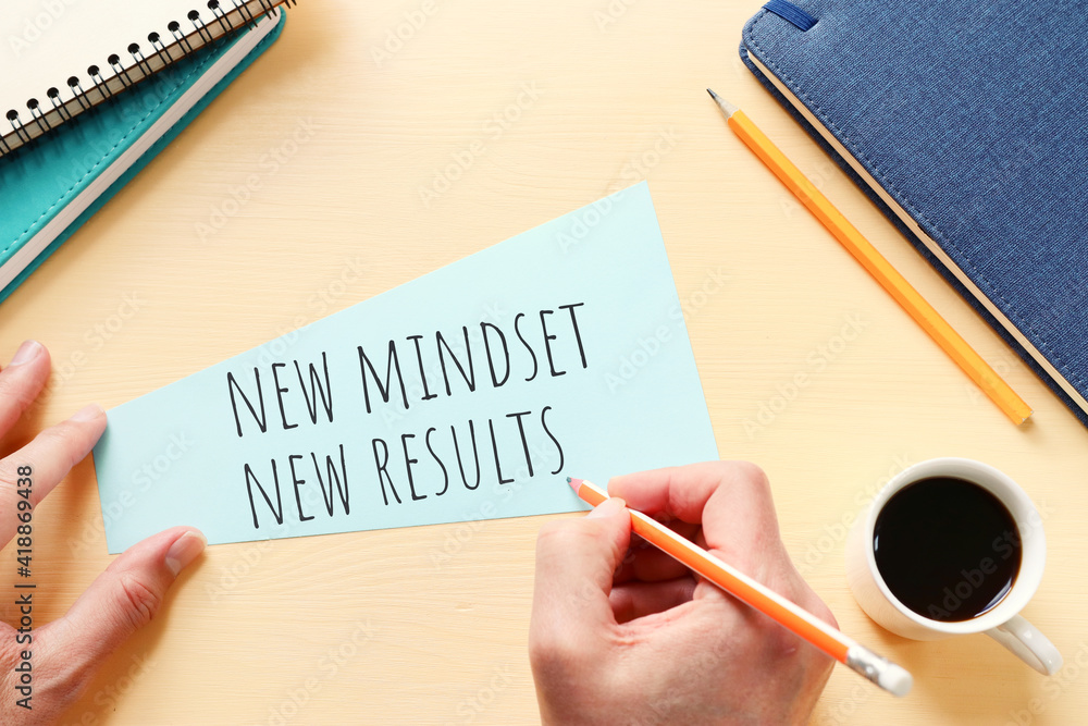 Poster concept image with new mindset new results text. top view of office table
