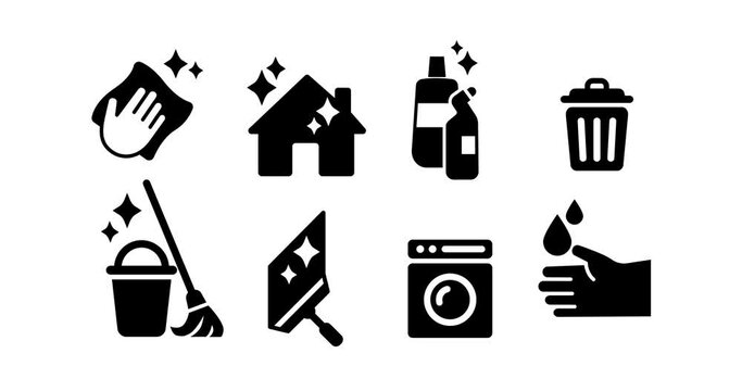 Cleaning service icon set. Household, window sponge, washing machine. 2d, animation, cartoon, illustration, clip art, vector. Web banner in black and white. Alpha channel.