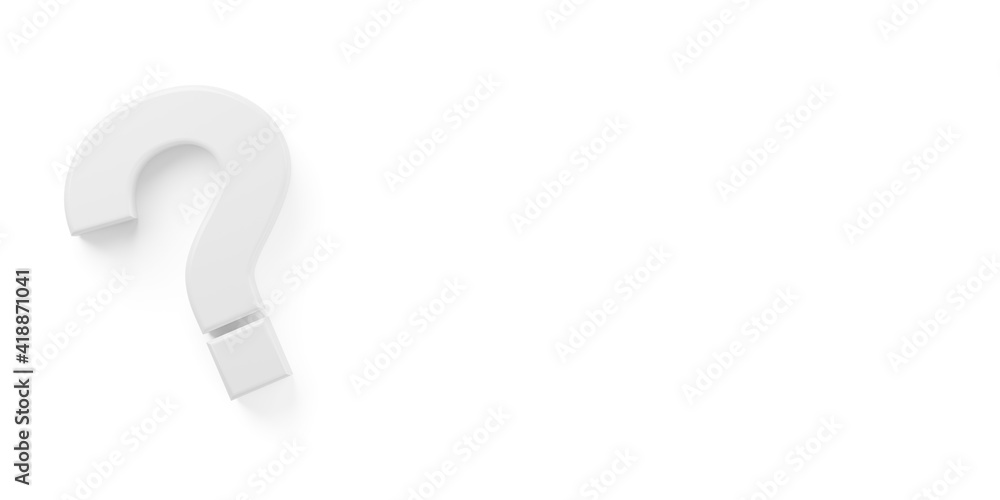 Poster white question mark symbol on white floor flat lay top view from above with copy space, question, fa