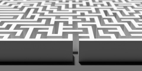 Entry to large white maze or labyrinth over white background, success, strategy or solution concept