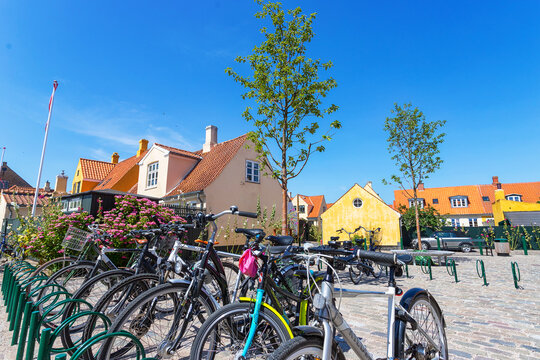 Dragor Denmark. July 24, 2019 Bicycle parking on the background of the beautiful architecture of the city of Dragor. Denmark. Travel