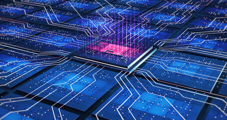 High Tech Computer Chips Processors Transmitting Data. Futuristic Technology. Electrical Signals Flowing. Computer And Technology Related 4K 3D Illustration Render