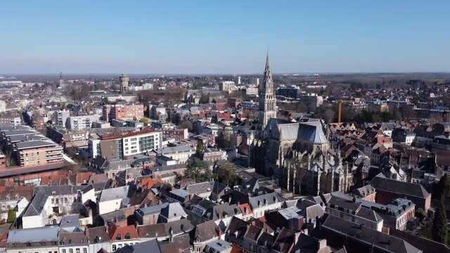Basilica of Our Lady Saint Cordon, Valenciennes. Aerial Establishing.