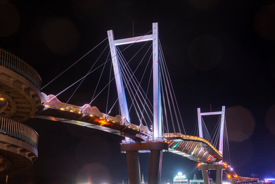 This is a night view photo created by the magnificent bridge and beautiful lighting.
