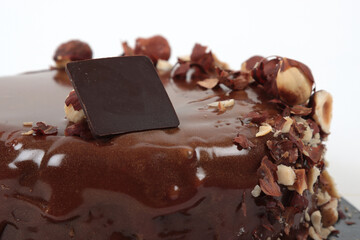 Gâteau au chocolat artisanal sur fond blanc
