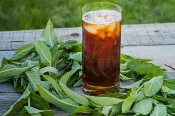 Cold iced tea with mint leaves and ice in glass on wooden table outdoor.
