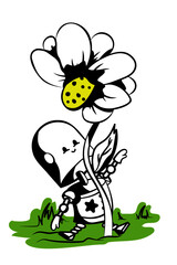 Cute robot with a big flower. Hand drawn vector outline
