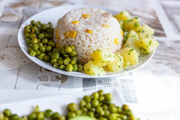 rice and cooked vegetables on the plate, concept vegetarian food