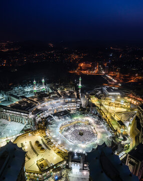 The Hajj annual Islamic pilgrimage to Mecca, Saudi Arabia, the holiest city for Muslims. Aerial view.