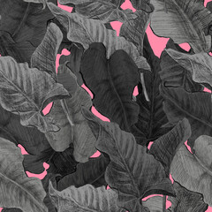 floral seamless pattern with leaves on pink background