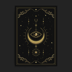 A crescent moon with the inner eye or one eye, card illustration with esoteric, boho, spiritual, geometric, astrology, magic themes, for tarot reader card or posters