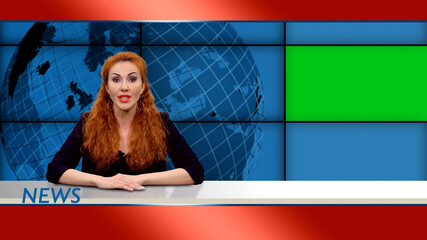 Red headed female anchor tells breaking news in studio with green screen