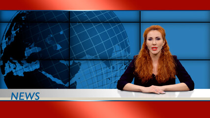 Elegant redhead female newscaster telling the breaking news in tv studio