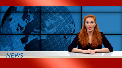 Beautiful redhead female newscaster reports during news program in tv studio