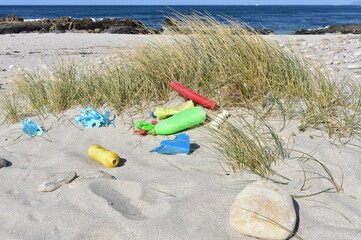 Beach with plastic pollution at famous Rias Baixas Region. Galicia, Spain.