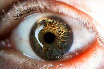 The close up shot of human eye. The human eye is a paired sense organ that reacts to light and...