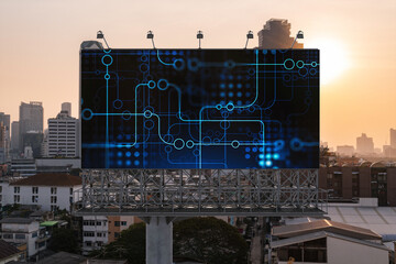 Glowing hologram of technological process on billboard, aerial panoramic cityscape of Bangkok at...