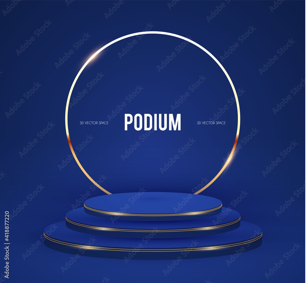 Wall mural elenagt 3d circle blue podium with gold elements. realistic minimal empty scene. showcase and shelf.