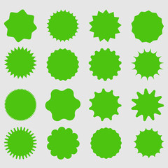 Green shopping labels collection. Sale or discount sticker. Special offer price tag. Supermarket promotional badge. Vector sunburst icon.