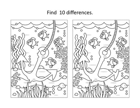 Find 10 differences underwater life scene wiith anchor
