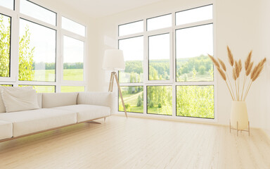 Bright room with a modern minimalist design. 3D illustration. Render