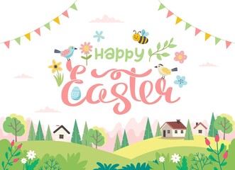 Happy Easter card with lettering and cute landscape. Hand drawn flat cartoon. Vector illustration
