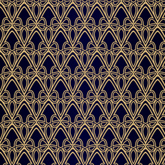 Seamless openwork gold pattern on a blue background.