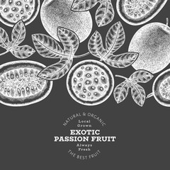 Hand drawn sketch style passion fruit banner. Organic fresh fruit vector illustration on chalk board. Retro exotic maracuya design template