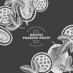 Hand drawn sketch style passion fruit banner. Organic fresh fruit vector illustration on chalk board. Retro exotic maracuya design template