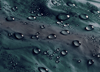 Water drops on waterproof membrane fabric. Detail view of waterproof cloth.