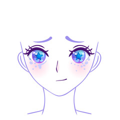 Manga face. Colorful eyes in anime style with shiny light reflections. Bright vector illustration isolated. Emotions: expression of sadness. Pastel goth colors. Japanese kawaii cartoon.