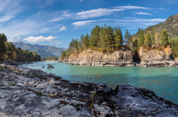 Katun River in the Altai Mountains, turquoise water, rocks and forest