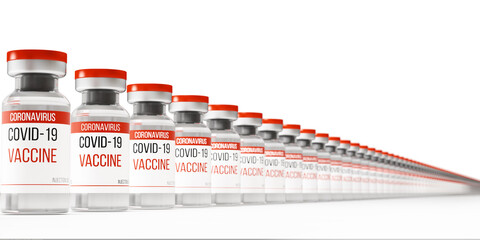 Conveyor of vials with COVID-19 coronavirus vaccine. Bottles with red caps. Isolated over white background. 3D rendering