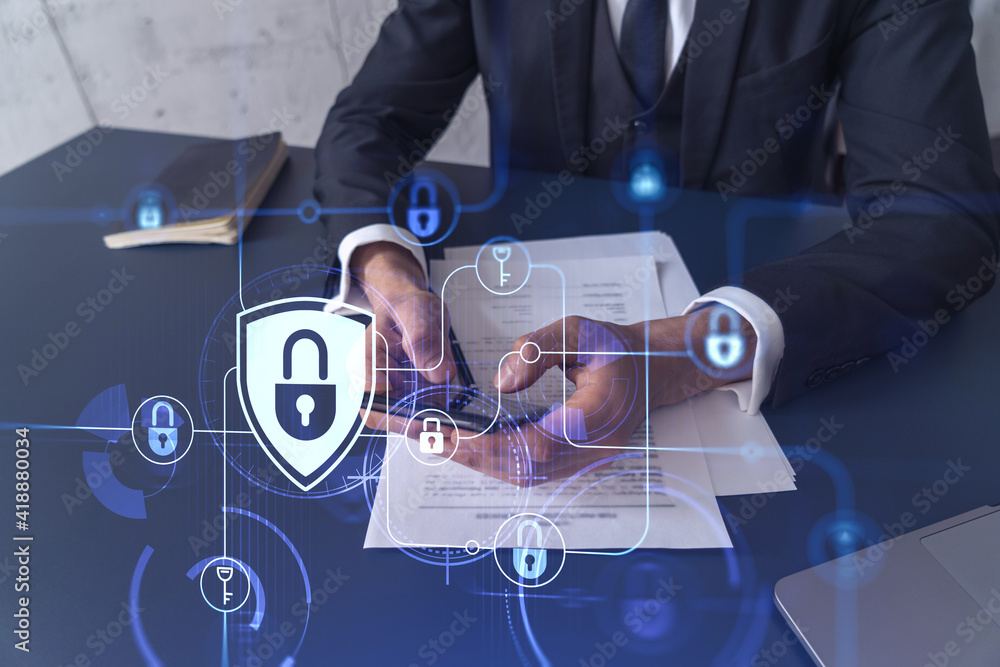 Poster a businessman in formal wear reading the contract to prevent probability of risks in cyber security 