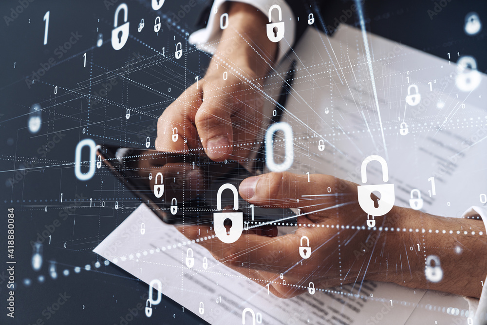 Poster a businessman in formal wear reading the contract to prevent probability of risks in cyber security 