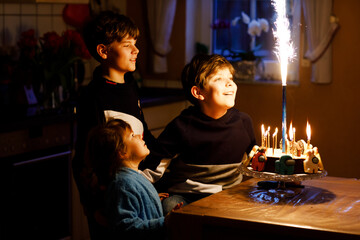 Two beautiful kids, little preschool boys and little toddler girl celebrating birthday and blowing candles on homemade baked cake, indoor. Birthday party for siblings. Three happy children
